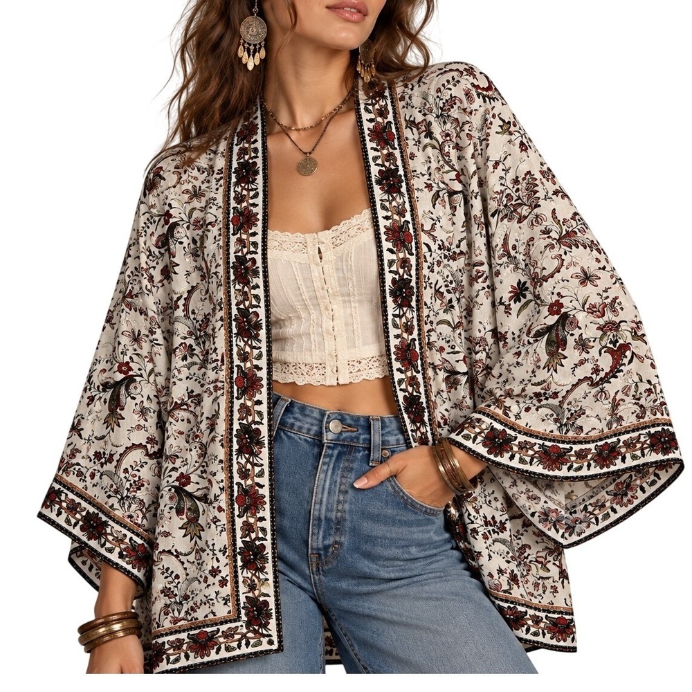 Max Studio Woman Floral Paisley Kimono Top 1X Cream Red Festival Boho